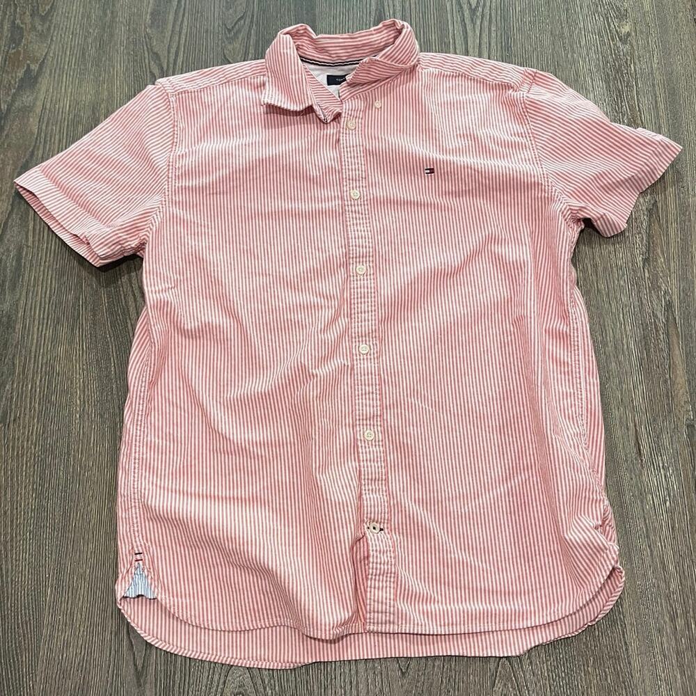 Tommy Hilfiger Mens Button-Up Shirt Short Sleeve Stretch Striped Red White Sz XL